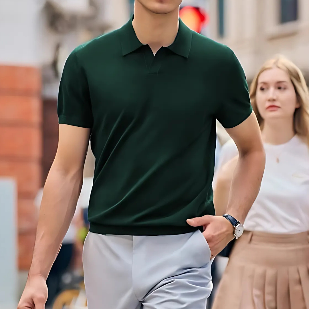 Green Knitted Muscle Polo Shirt, slim muscle fit textured knit