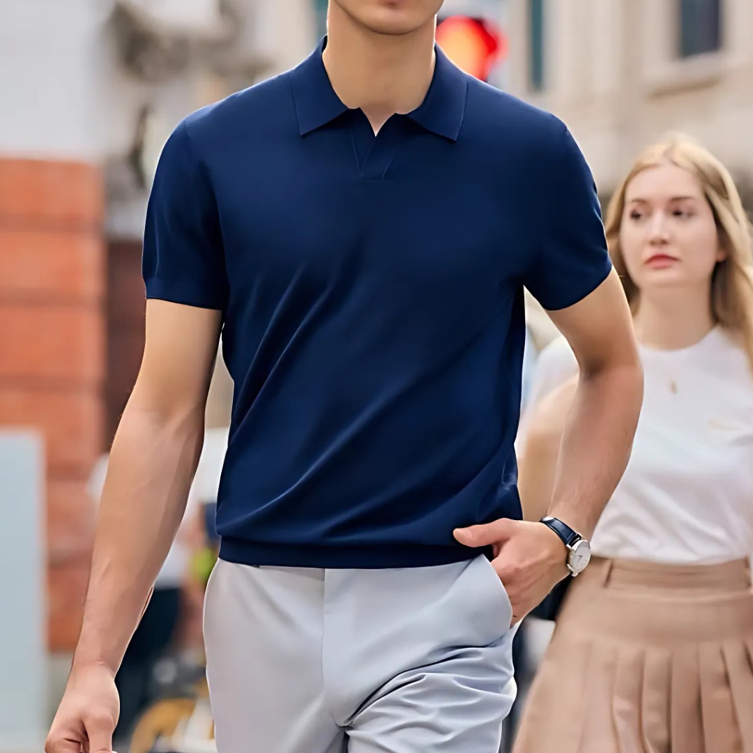 Dark blue Knitted Muscle Polo Shirt, men’s athletic fit polo