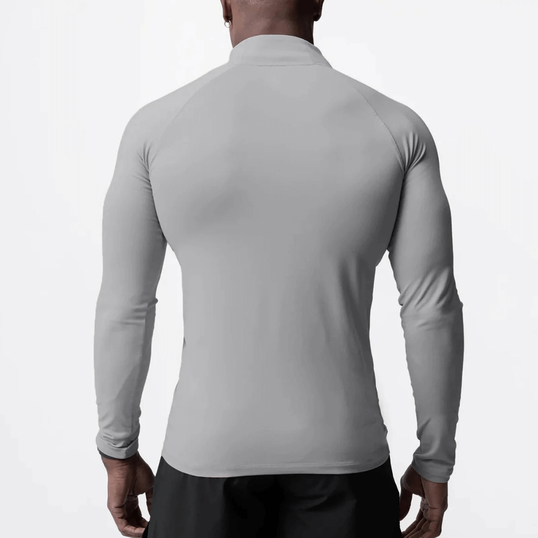 Men's Muscle V-Taper Quarter Zip performance top in gray, showcasing a flexible fit and sculpted back design for athletic wear.