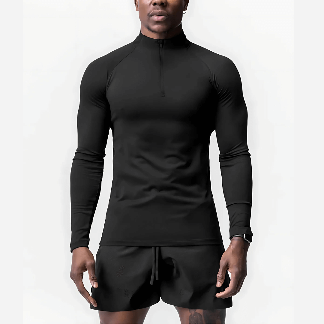 Men's Muscle V-Taper Quarter Zip performance top in black, showcasing a sleek fit and designed for body sculpting.