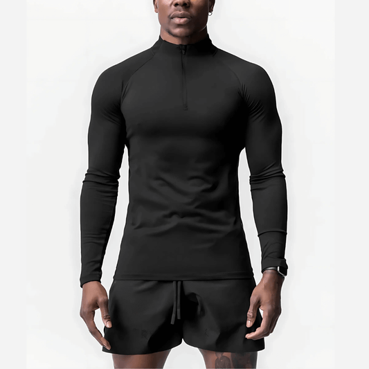Men's Muscle V-Taper Quarter Zip performance top in black, showcasing a sleek fit and designed for body sculpting.