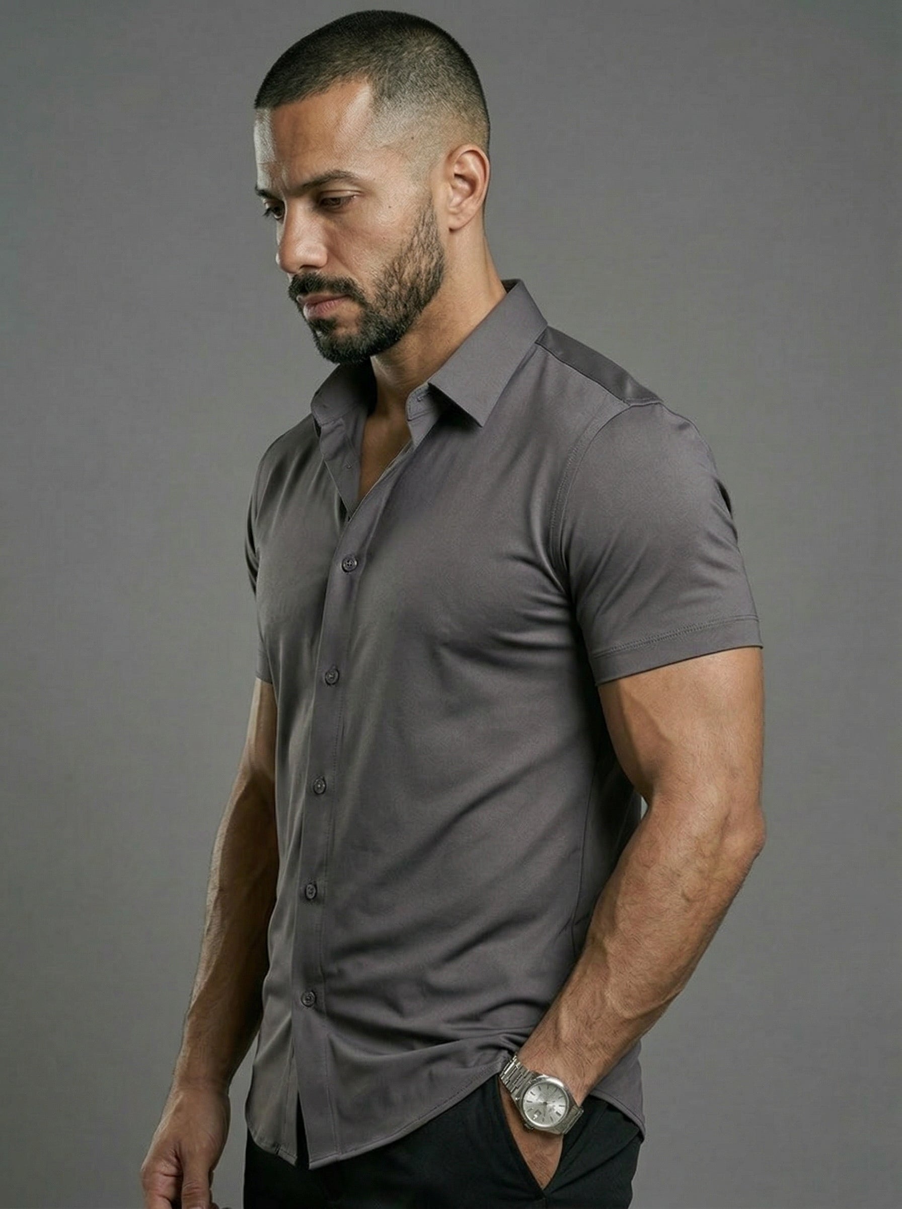 slim fit dress slacks Short Sleeve Muscle Dress Shirt