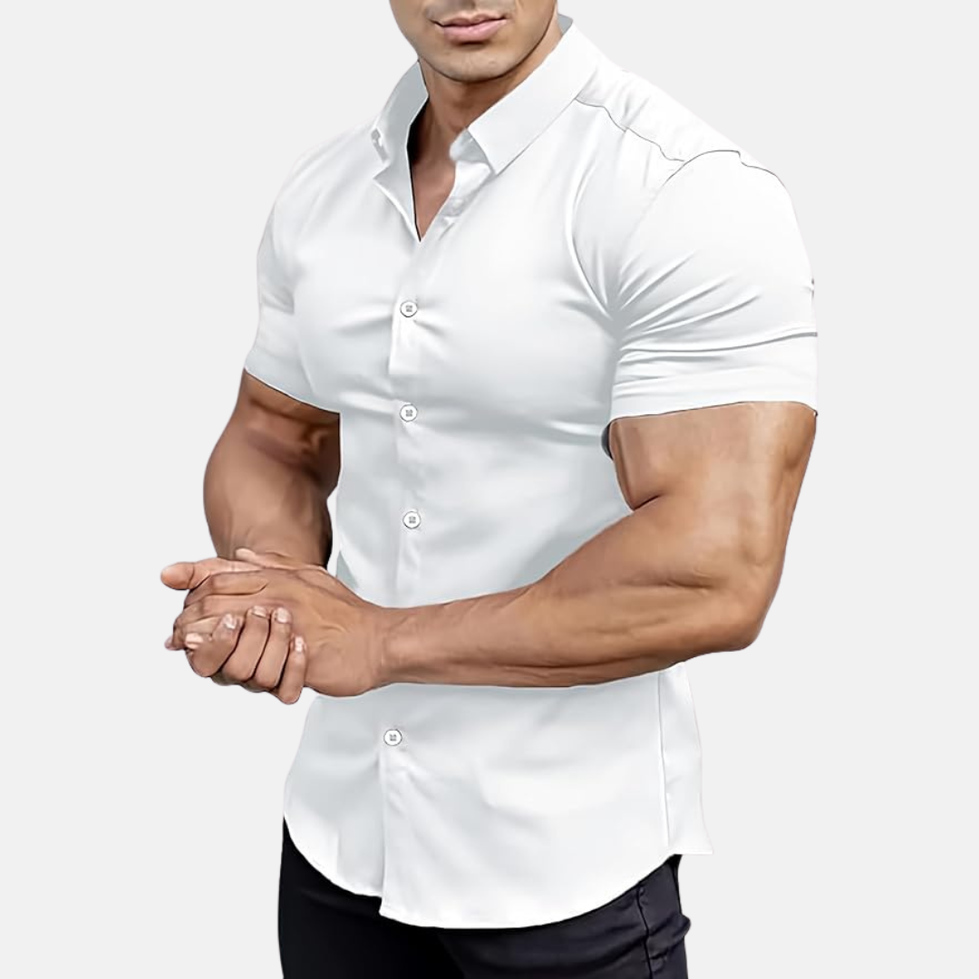 Muscle fit short sleeve dress shirt upper body fit