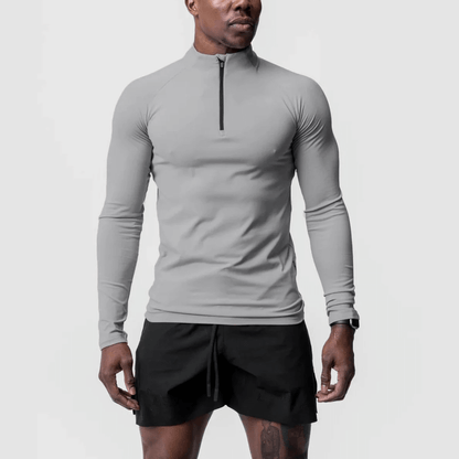 Men's Muscle V-Taper Quarter Zip performance top in gray, featuring a sleek fit and full flexibility for optimal performance.