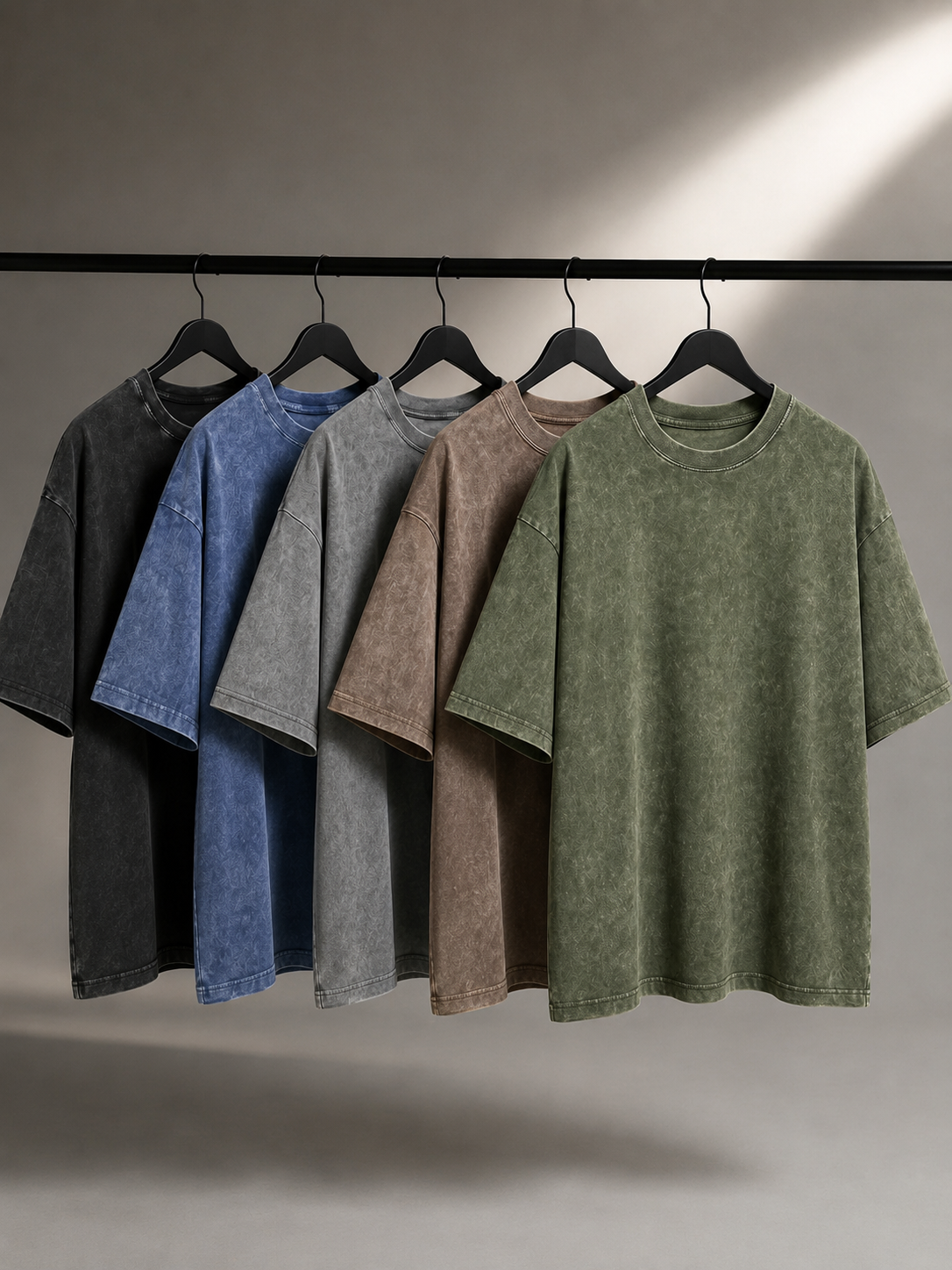 Five vintage washed cotton shirts in black, blue, gray, brown, and green